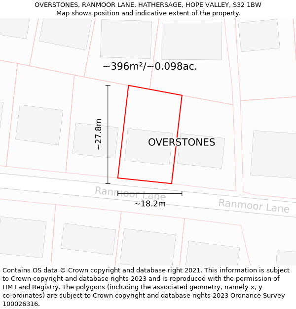 OVERSTONES, RANMOOR LANE, HATHERSAGE, HOPE VALLEY, S32 1BW: Plot and title map