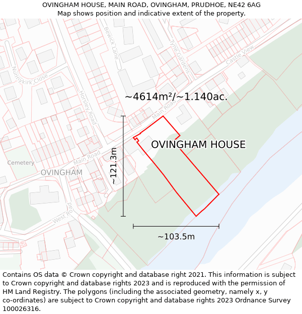 OVINGHAM HOUSE, MAIN ROAD, OVINGHAM, PRUDHOE, NE42 6AG: Plot and title map