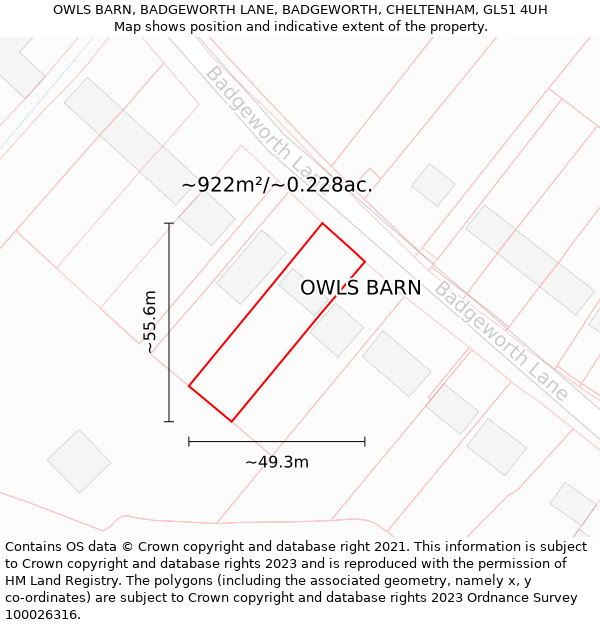 OWLS BARN, BADGEWORTH LANE, BADGEWORTH, CHELTENHAM, GL51 4UH: Plot and title map