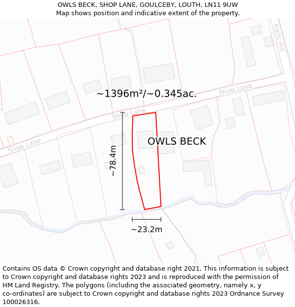 OWLS BECK, SHOP LANE, GOULCEBY, LOUTH, LN11 9UW: Plot and title map