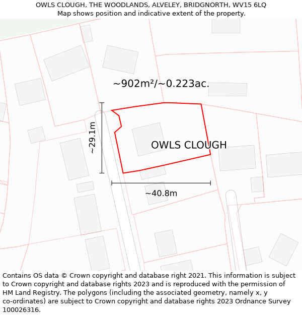 OWLS CLOUGH, THE WOODLANDS, ALVELEY, BRIDGNORTH, WV15 6LQ: Plot and title map