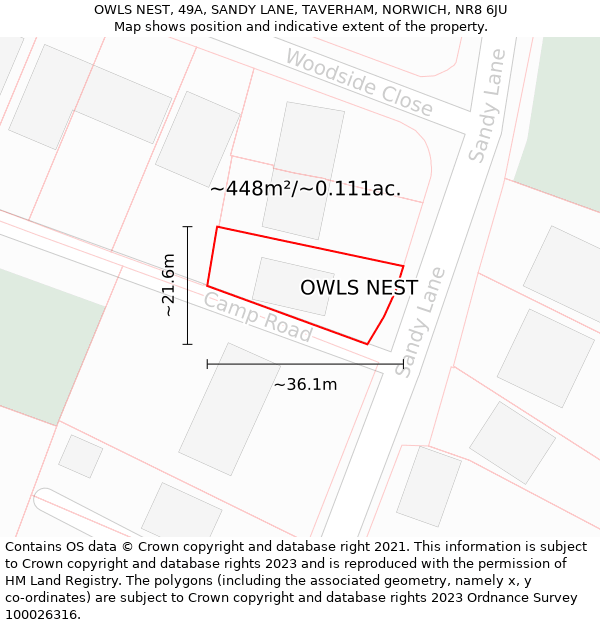 OWLS NEST, 49A, SANDY LANE, TAVERHAM, NORWICH, NR8 6JU: Plot and title map