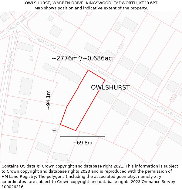 OWLSHURST, WARREN DRIVE, KINGSWOOD, TADWORTH, KT20 6PT: Plot and title map