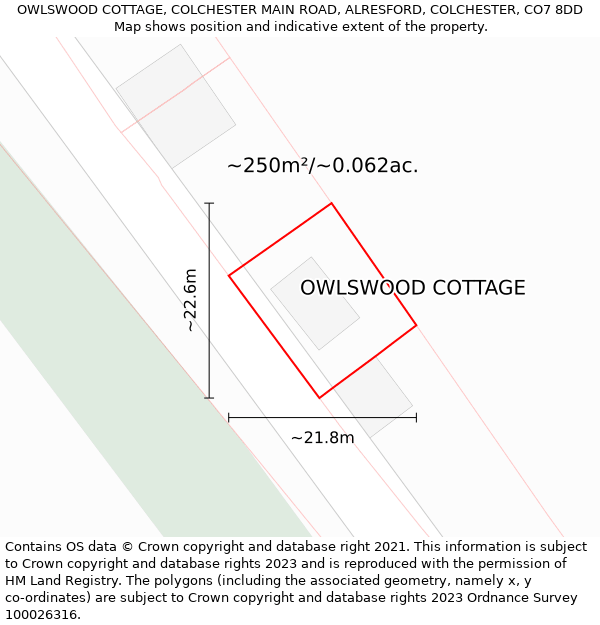 OWLSWOOD COTTAGE, COLCHESTER MAIN ROAD, ALRESFORD, COLCHESTER, CO7 8DD: Plot and title map