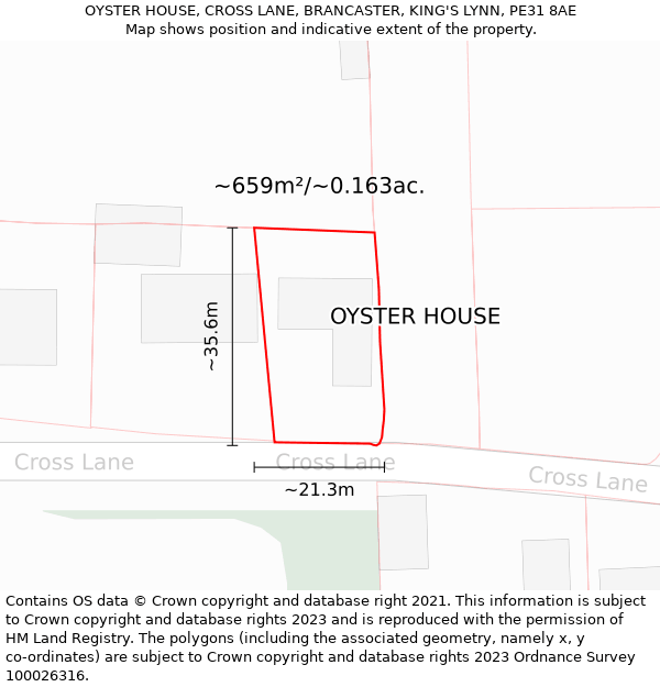 OYSTER HOUSE, CROSS LANE, BRANCASTER, KING'S LYNN, PE31 8AE: Plot and title map