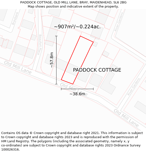 PADDOCK COTTAGE, OLD MILL LANE, BRAY, MAIDENHEAD, SL6 2BG: Plot and title map