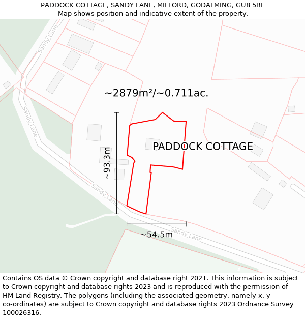 PADDOCK COTTAGE, SANDY LANE, MILFORD, GODALMING, GU8 5BL: Plot and title map