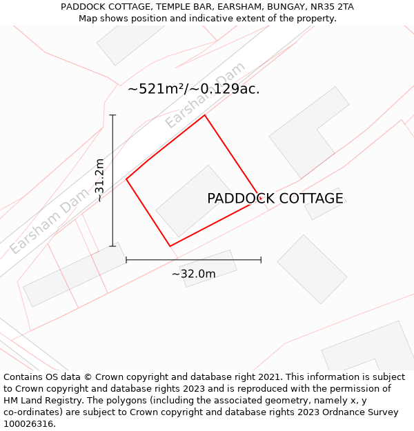 PADDOCK COTTAGE, TEMPLE BAR, EARSHAM, BUNGAY, NR35 2TA: Plot and title map