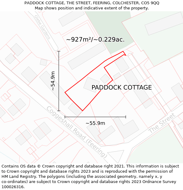 PADDOCK COTTAGE, THE STREET, FEERING, COLCHESTER, CO5 9QQ: Plot and title map