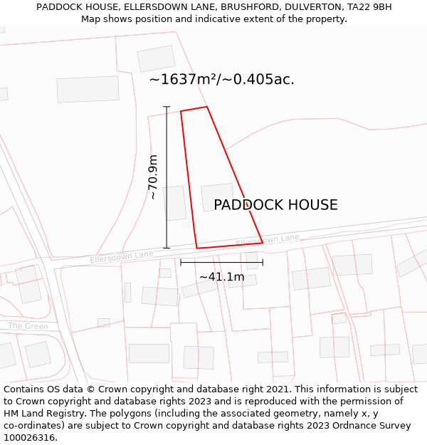 PADDOCK HOUSE, ELLERSDOWN LANE, BRUSHFORD, DULVERTON, TA22 9BH: Plot and title map