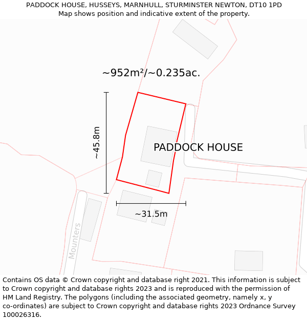 PADDOCK HOUSE, HUSSEYS, MARNHULL, STURMINSTER NEWTON, DT10 1PD: Plot and title map