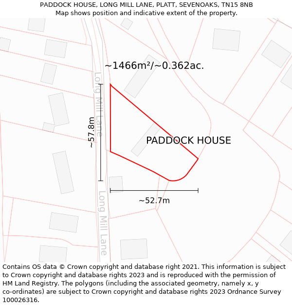 PADDOCK HOUSE, LONG MILL LANE, PLATT, SEVENOAKS, TN15 8NB: Plot and title map
