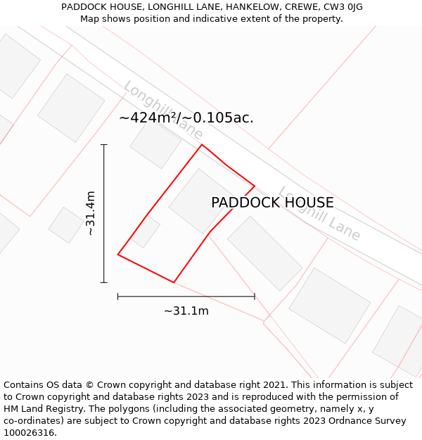 PADDOCK HOUSE, LONGHILL LANE, HANKELOW, CREWE, CW3 0JG: Plot and title map