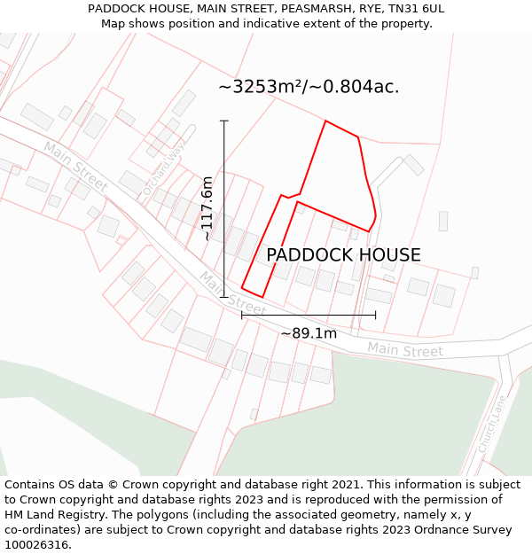 PADDOCK HOUSE, MAIN STREET, PEASMARSH, RYE, TN31 6UL: Plot and title map