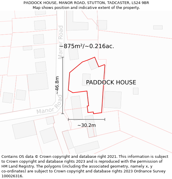 PADDOCK HOUSE, MANOR ROAD, STUTTON, TADCASTER, LS24 9BR: Plot and title map