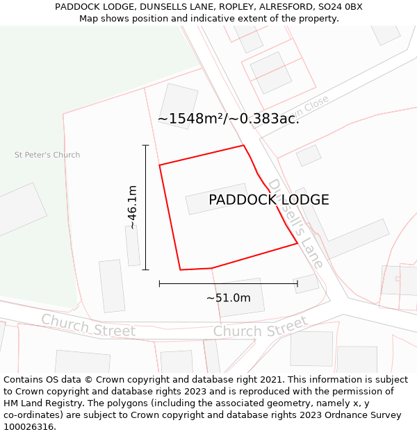 PADDOCK LODGE, DUNSELLS LANE, ROPLEY, ALRESFORD, SO24 0BX: Plot and title map