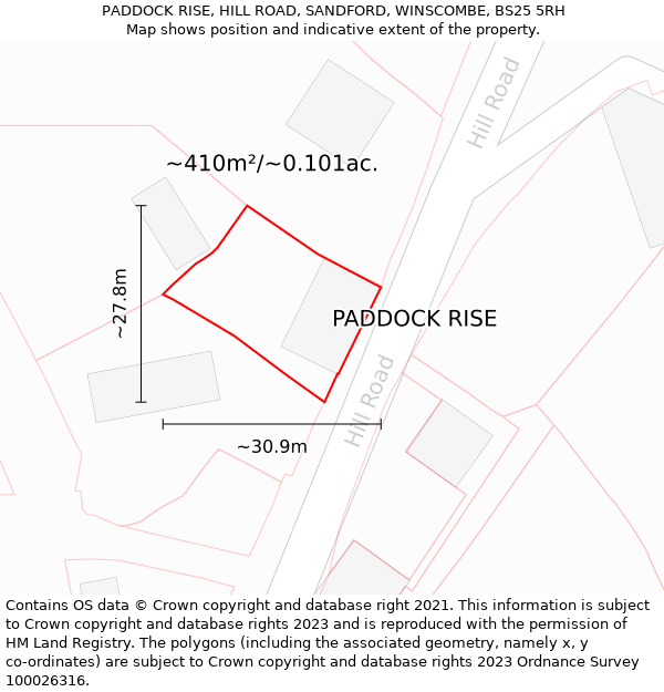 PADDOCK RISE, HILL ROAD, SANDFORD, WINSCOMBE, BS25 5RH: Plot and title map