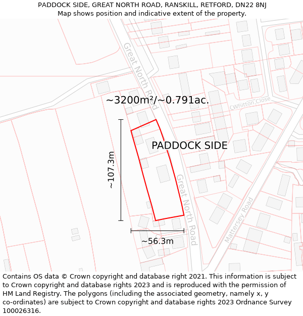 PADDOCK SIDE, GREAT NORTH ROAD, RANSKILL, RETFORD, DN22 8NJ: Plot and title map