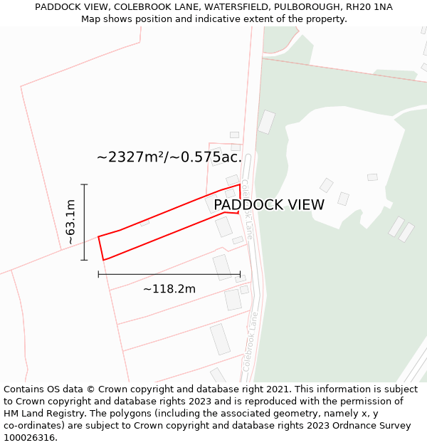 PADDOCK VIEW, COLEBROOK LANE, WATERSFIELD, PULBOROUGH, RH20 1NA: Plot and title map