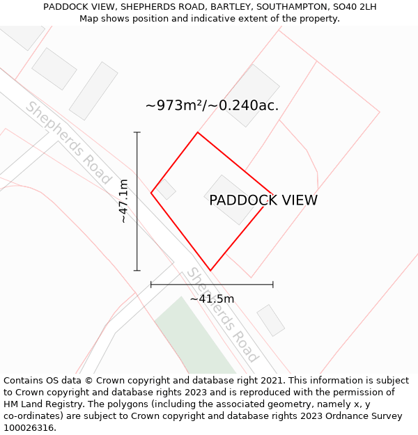 PADDOCK VIEW, SHEPHERDS ROAD, BARTLEY, SOUTHAMPTON, SO40 2LH: Plot and title map