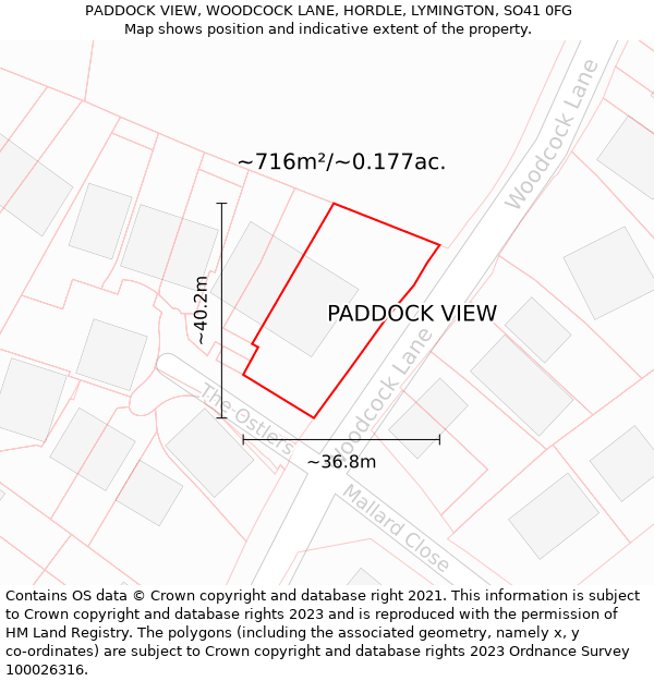 PADDOCK VIEW, WOODCOCK LANE, HORDLE, LYMINGTON, SO41 0FG: Plot and title map