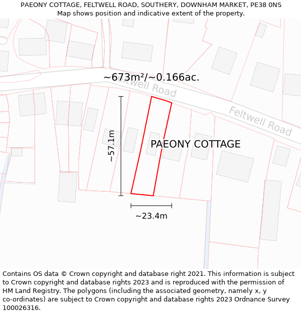 PAEONY COTTAGE, FELTWELL ROAD, SOUTHERY, DOWNHAM MARKET, PE38 0NS: Plot and title map