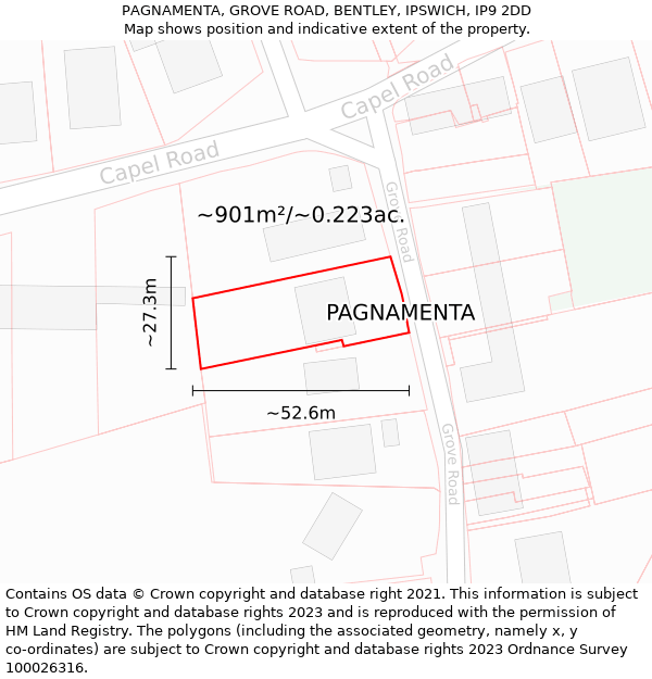 PAGNAMENTA, GROVE ROAD, BENTLEY, IPSWICH, IP9 2DD: Plot and title map