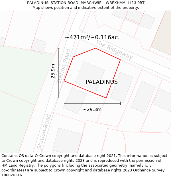 PALADINUS, STATION ROAD, MARCHWIEL, WREXHAM, LL13 0RT: Plot and title map