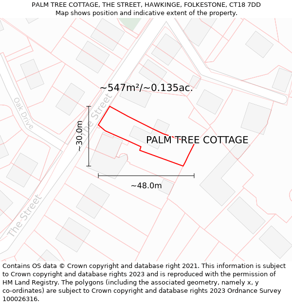 PALM TREE COTTAGE, THE STREET, HAWKINGE, FOLKESTONE, CT18 7DD: Plot and title map