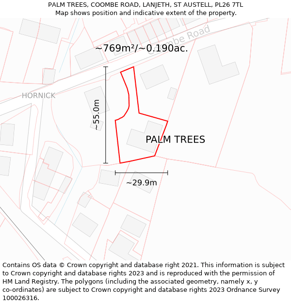 PALM TREES, COOMBE ROAD, LANJETH, ST AUSTELL, PL26 7TL: Plot and title map