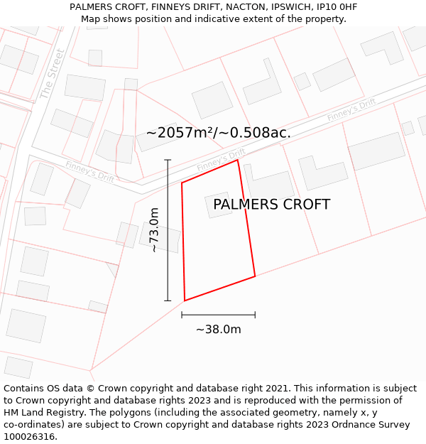 PALMERS CROFT, FINNEYS DRIFT, NACTON, IPSWICH, IP10 0HF: Plot and title map