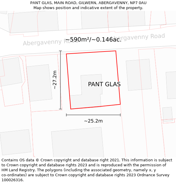 PANT GLAS, MAIN ROAD, GILWERN, ABERGAVENNY, NP7 0AU: Plot and title map