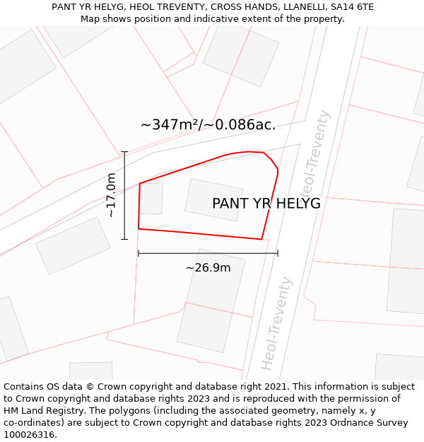 PANT YR HELYG, HEOL TREVENTY, CROSS HANDS, LLANELLI, SA14 6TE: Plot and title map