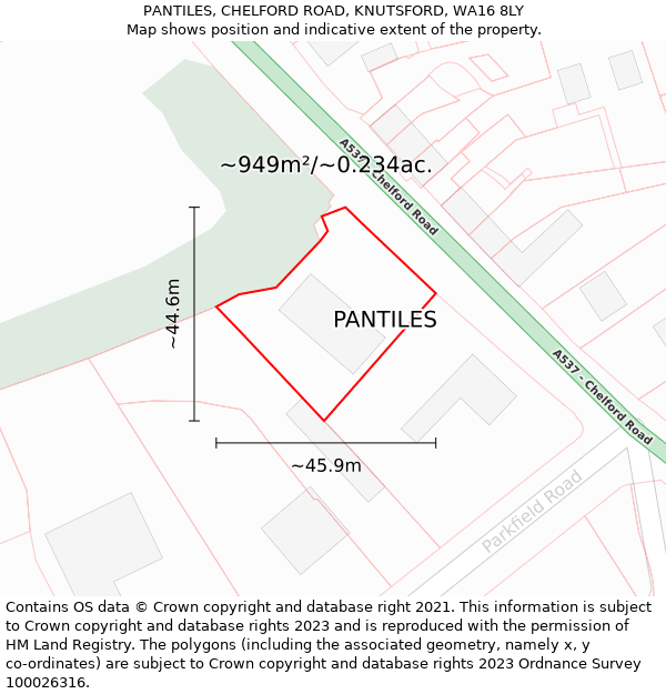 PANTILES, CHELFORD ROAD, KNUTSFORD, WA16 8LY: Plot and title map