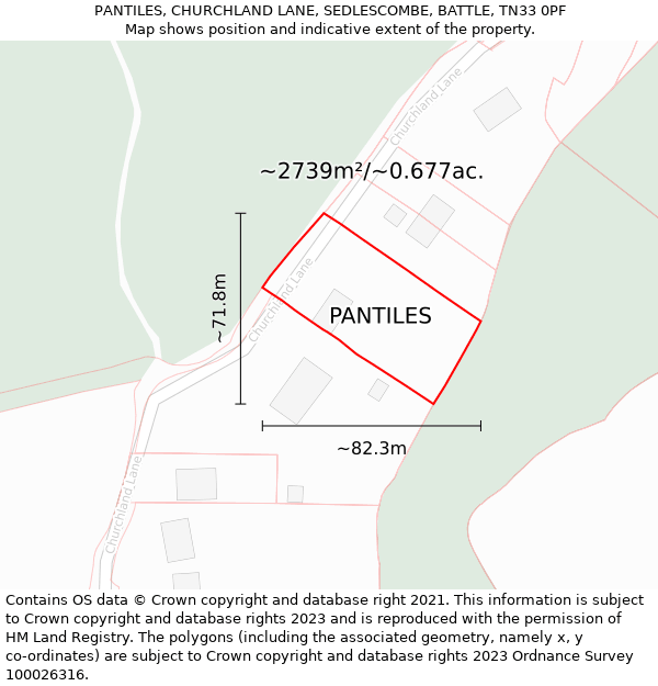 PANTILES, CHURCHLAND LANE, SEDLESCOMBE, BATTLE, TN33 0PF: Plot and title map