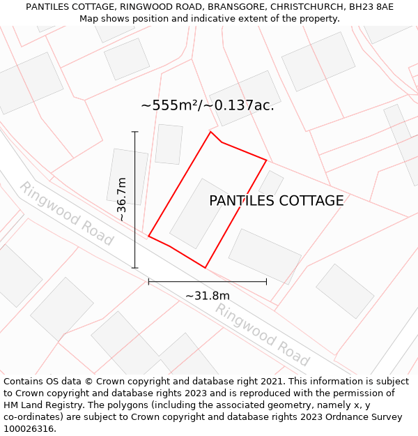 PANTILES COTTAGE, RINGWOOD ROAD, BRANSGORE, CHRISTCHURCH, BH23 8AE: Plot and title map