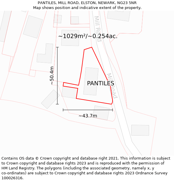 PANTILES, MILL ROAD, ELSTON, NEWARK, NG23 5NR: Plot and title map