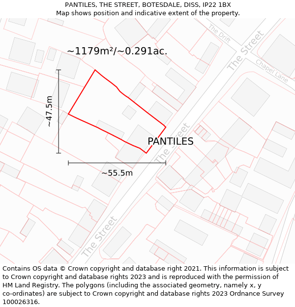 PANTILES, THE STREET, BOTESDALE, DISS, IP22 1BX: Plot and title map