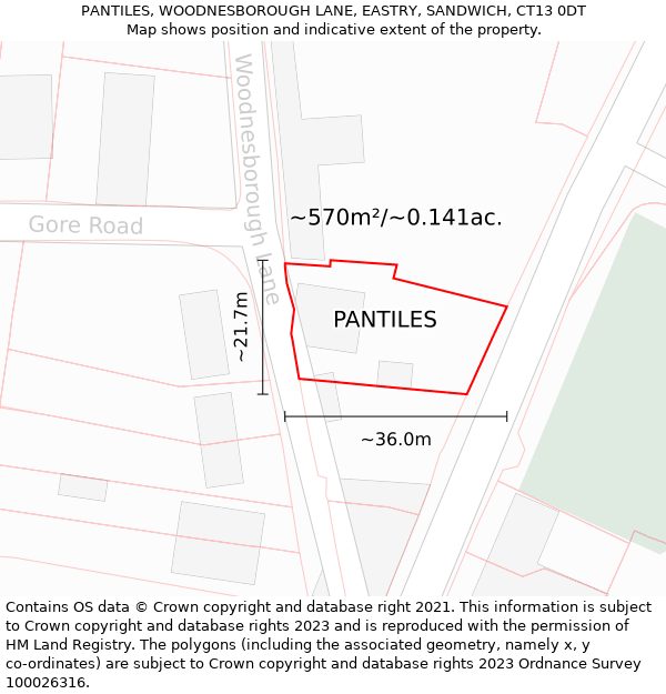 PANTILES, WOODNESBOROUGH LANE, EASTRY, SANDWICH, CT13 0DT: Plot and title map