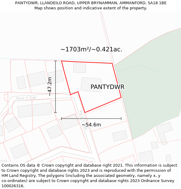 PANTYDWR, LLANDEILO ROAD, UPPER BRYNAMMAN, AMMANFORD, SA18 1BE: Plot and title map