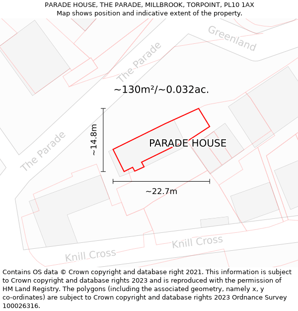 PARADE HOUSE, THE PARADE, MILLBROOK, TORPOINT, PL10 1AX: Plot and title map
