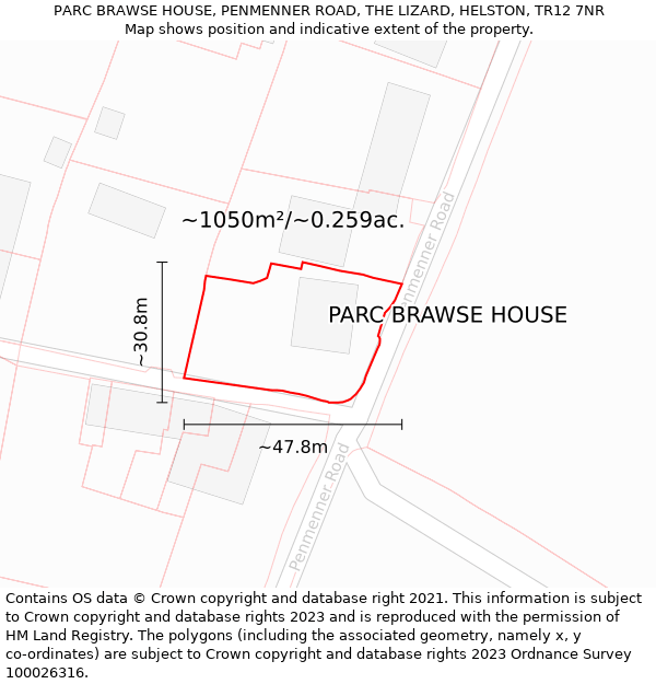 PARC BRAWSE HOUSE, PENMENNER ROAD, THE LIZARD, HELSTON, TR12 7NR: Plot and title map