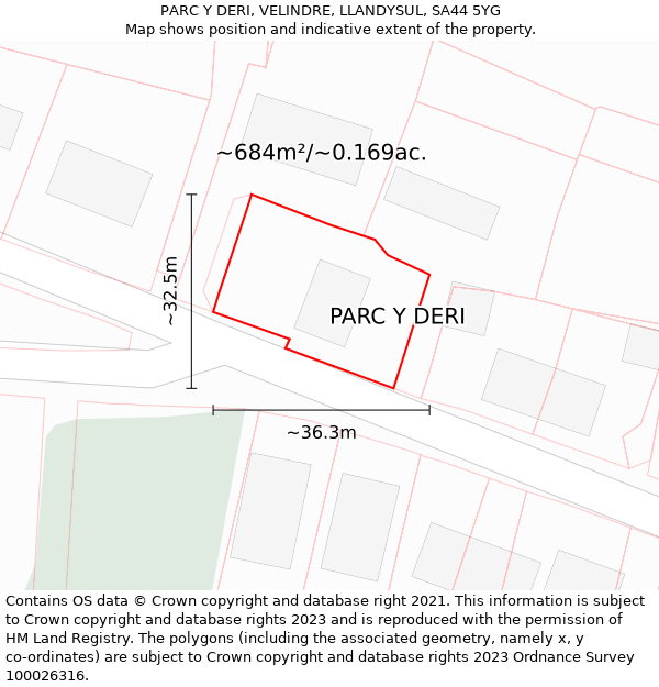 PARC Y DERI, VELINDRE, LLANDYSUL, SA44 5YG: Plot and title map