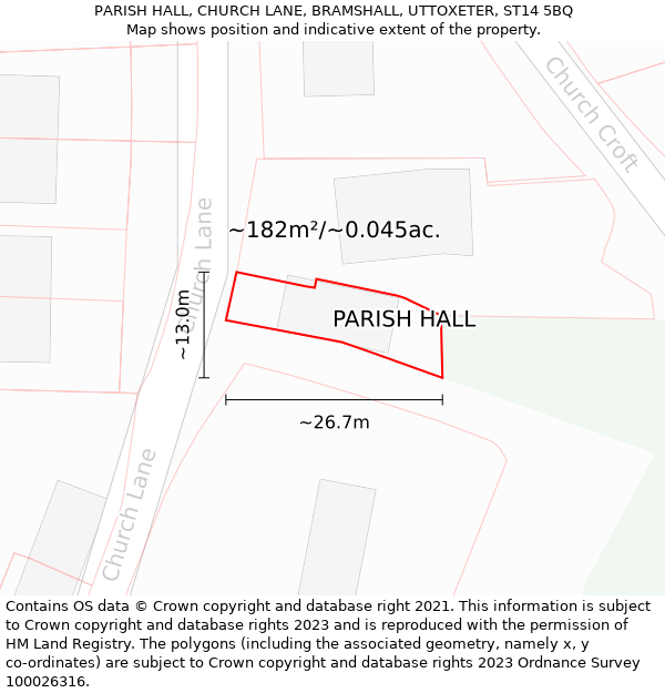 PARISH HALL, CHURCH LANE, BRAMSHALL, UTTOXETER, ST14 5BQ: Plot and title map