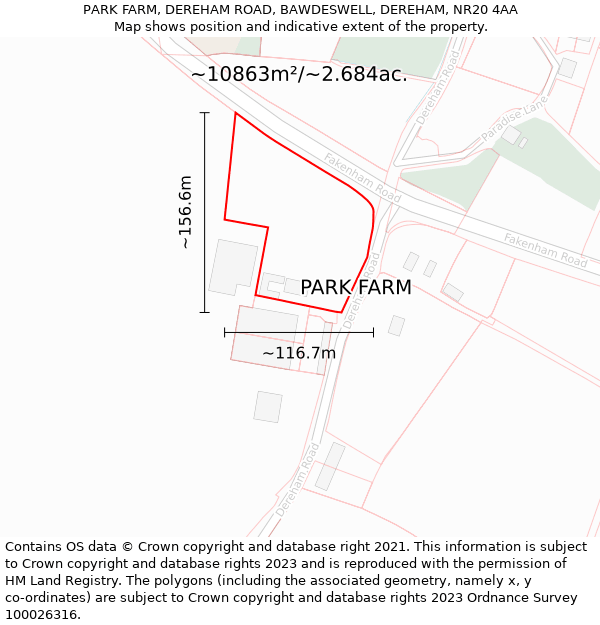 PARK FARM, DEREHAM ROAD, BAWDESWELL, DEREHAM, NR20 4AA: Plot and title map