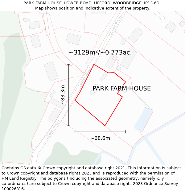 PARK FARM HOUSE, LOWER ROAD, UFFORD, WOODBRIDGE, IP13 6DL: Plot and title map