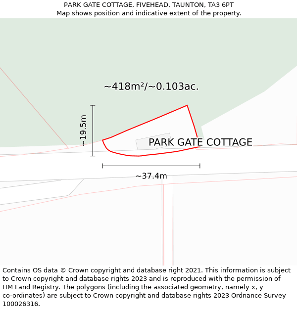 PARK GATE COTTAGE, FIVEHEAD, TAUNTON, TA3 6PT: Plot and title map