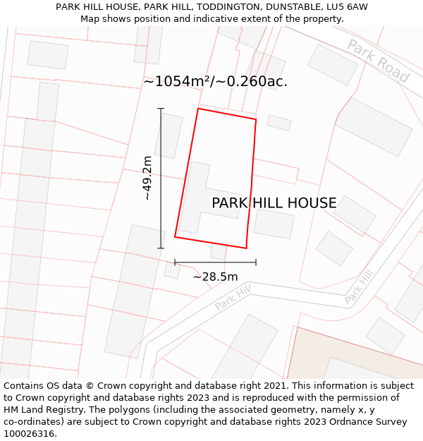 PARK HILL HOUSE, PARK HILL, TODDINGTON, DUNSTABLE, LU5 6AW: Plot and title map