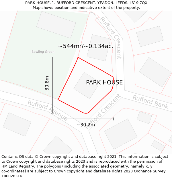 PARK HOUSE, 1, RUFFORD CRESCENT, YEADON, LEEDS, LS19 7QX: Plot and title map