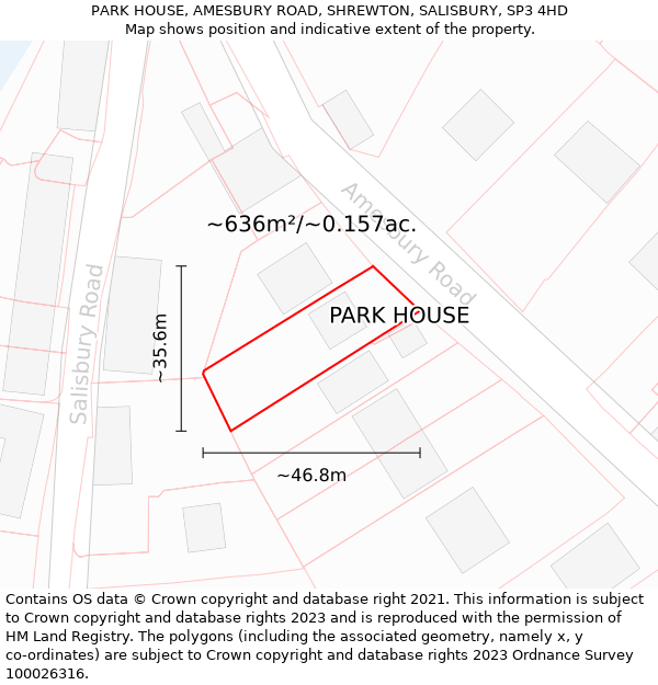 PARK HOUSE, AMESBURY ROAD, SHREWTON, SALISBURY, SP3 4HD: Plot and title map